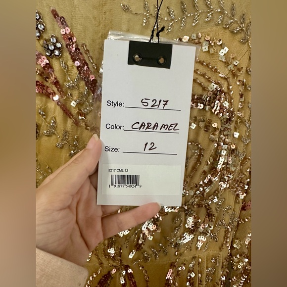 NWT | Mac Duggal 5217 Long Sleeve Embellished Evening Gown - Caramel | Size 12 - Picture 10 of 11